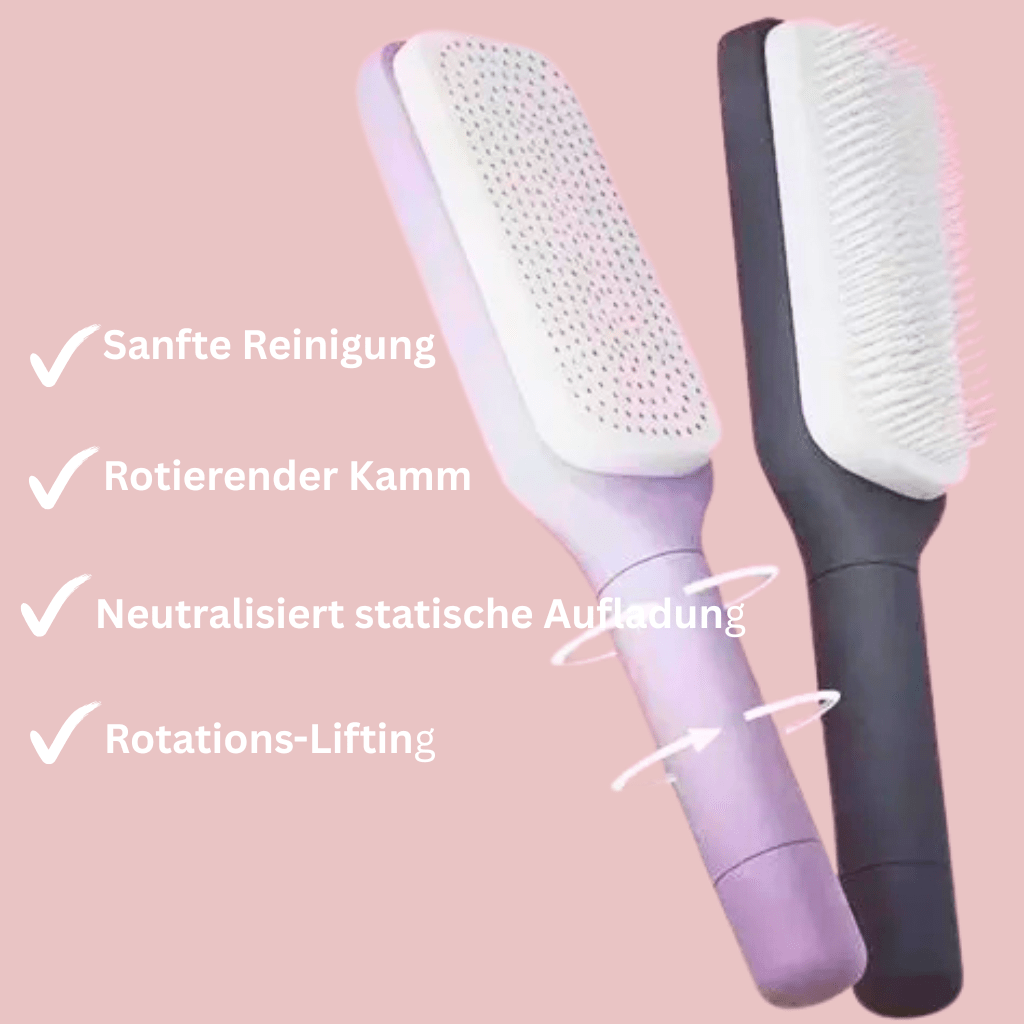Selbstreinigende Haarbürste mit Drehgriff – smart, sauber, stylisch